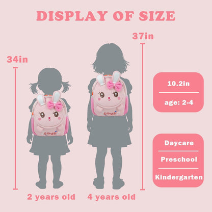 Toddler Backpack Cute Bunny Backpack with Leash and Chest Buckle Mini Kids 3D Cartoon Travel Bag for Girls 2-4