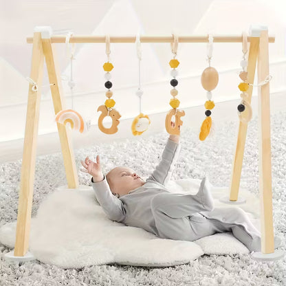 Wooden Baby Gym Featuring Six Hanging Toys, a Foldable Design Suitable for Infants Aged 0-12 Months, Perfect As a Gift for Newborns