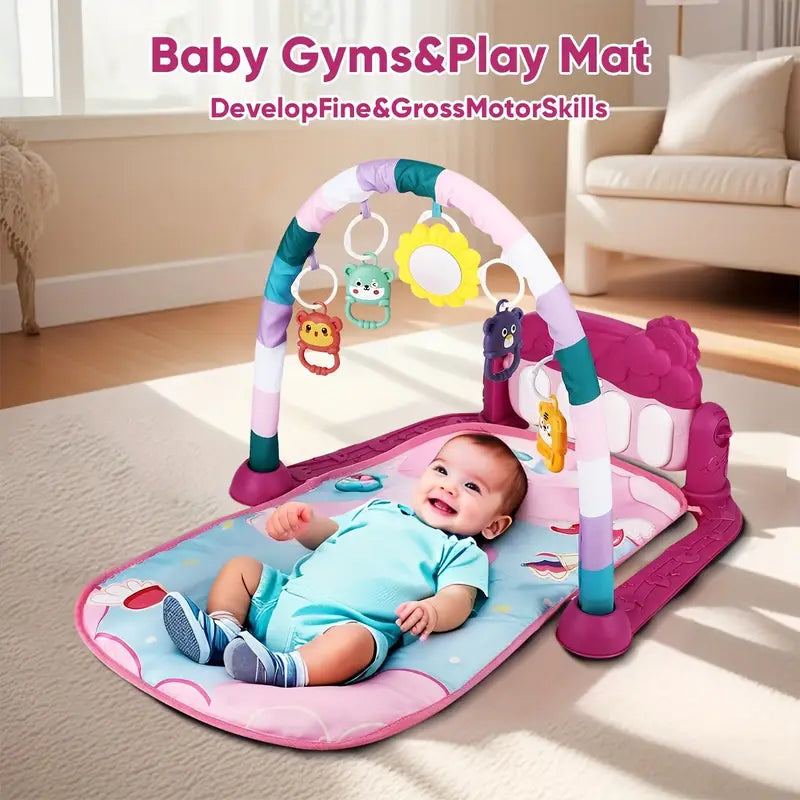 2 In 1 Baby Gym Play Mat Tummy Time Mat Musical Activity Center with 5 Rattle Toys 422 Melodies for 0-12 Months Old Space Dinosaur Unicorn