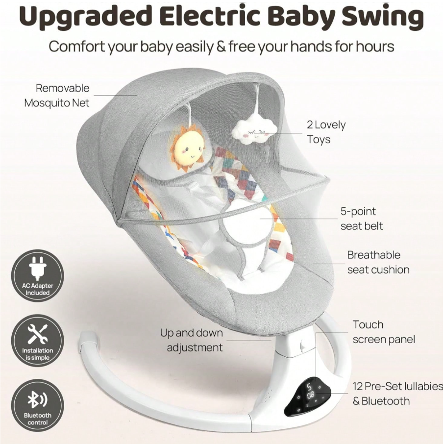 Remote Control Baby Swing – 5 Speed Electric Infant Rocker with Bluetooth & Lullabies, Portable Folding Chair for Newborn