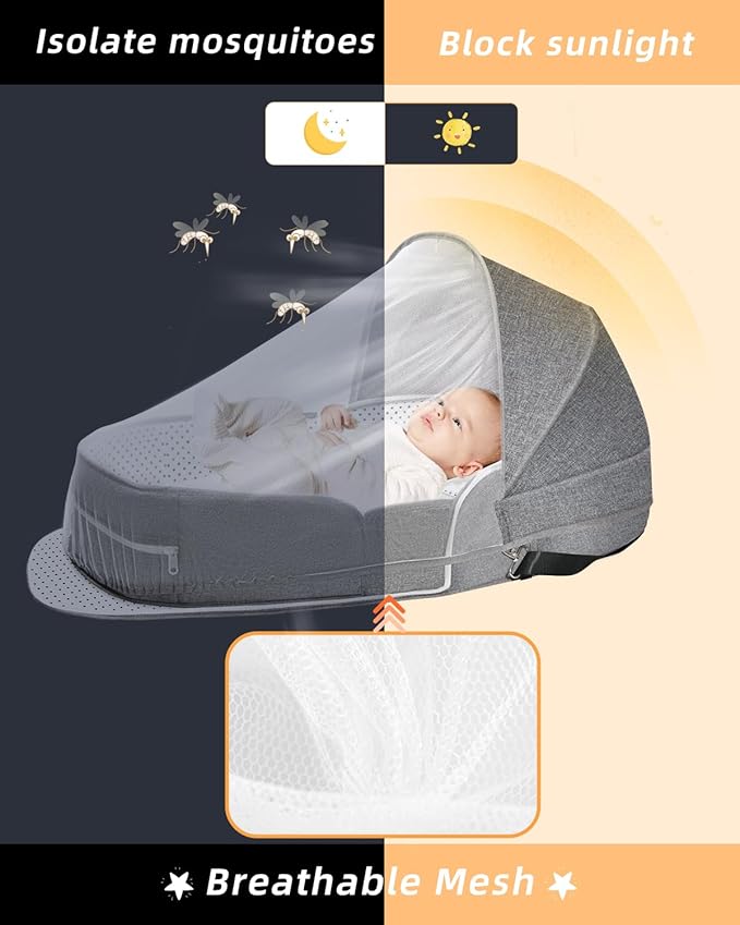 Folding Baby Travel Bassinet Portable Lightweight Travel Crib Baby Bed Co- Sleeper for Baby in Bed with Canopy and Mosquito Net