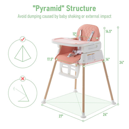 3 in 1 Baby High Chair, Portable High Chairs for Babies and Toddlers, Adjustable Convertible Infant Baby Feeding Chair Booster for Eating with Detachable Double Tray,Pink