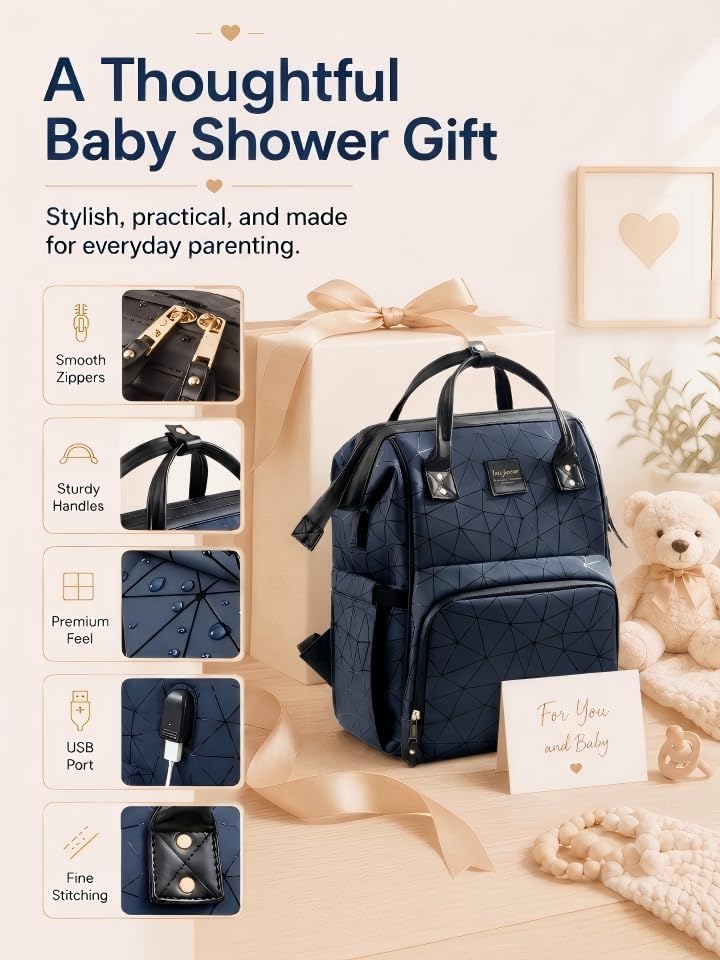 PU Leather Diaper Bag Backpack with 16 Pockets – Insulated Bottle Compartment, Stroller Straps & Luggage Sleeve