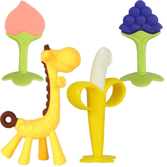 Baby Teething Toys 3-6 Months – BPA-Free Silicone Teether Fruit Shape Giraffe Chew Toy for Newborns, Infant Gum Soother Gift for Baby Boy & Girl