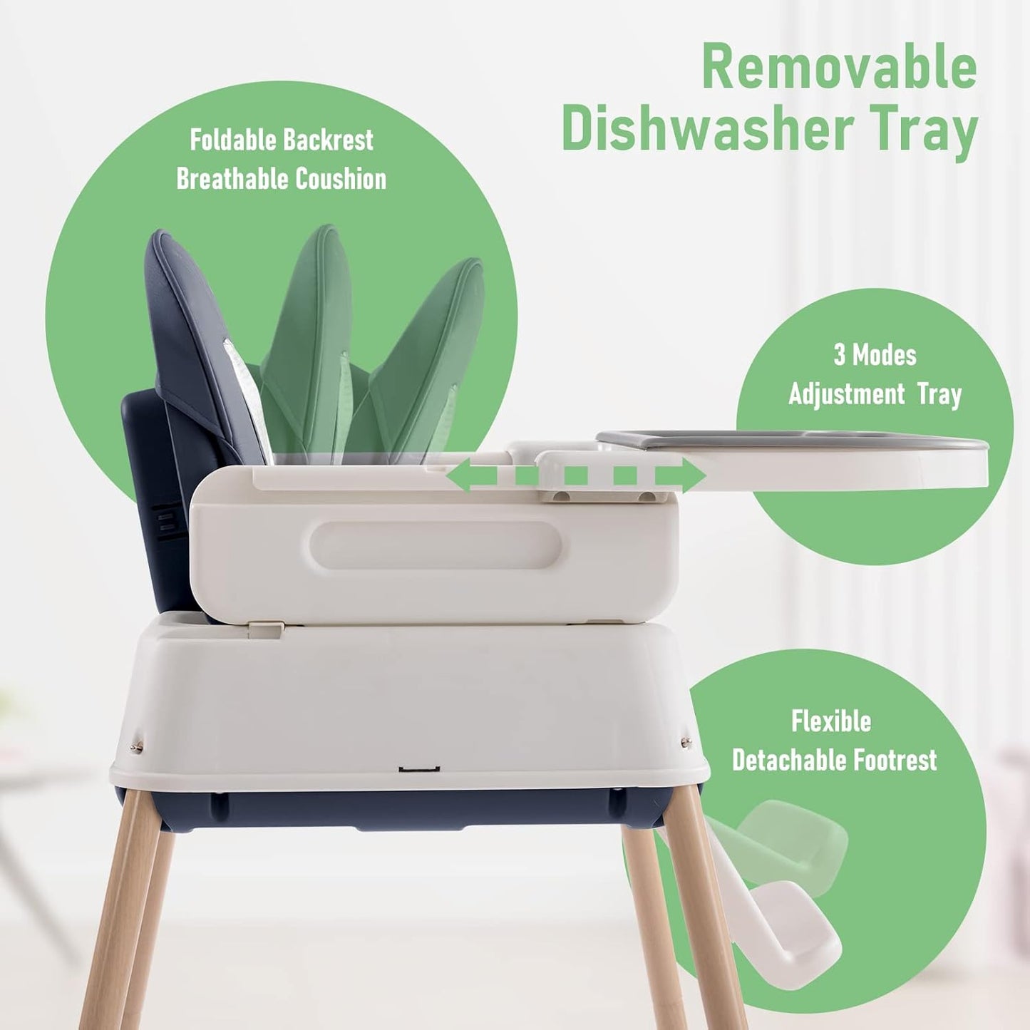 3 in 1 Baby High Chair, Portable High Chairs for Babies and Toddlers, Adjustable Convertible Infant Baby Feeding Chair Booster for Eating with Detachable Double Tray