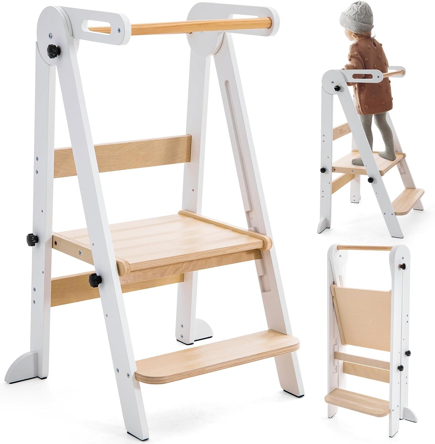 Foldable Toddler Kitchen Tower with 3 Adjustable Heights – Montessori Step Stool for Kids 1.5-6 Years