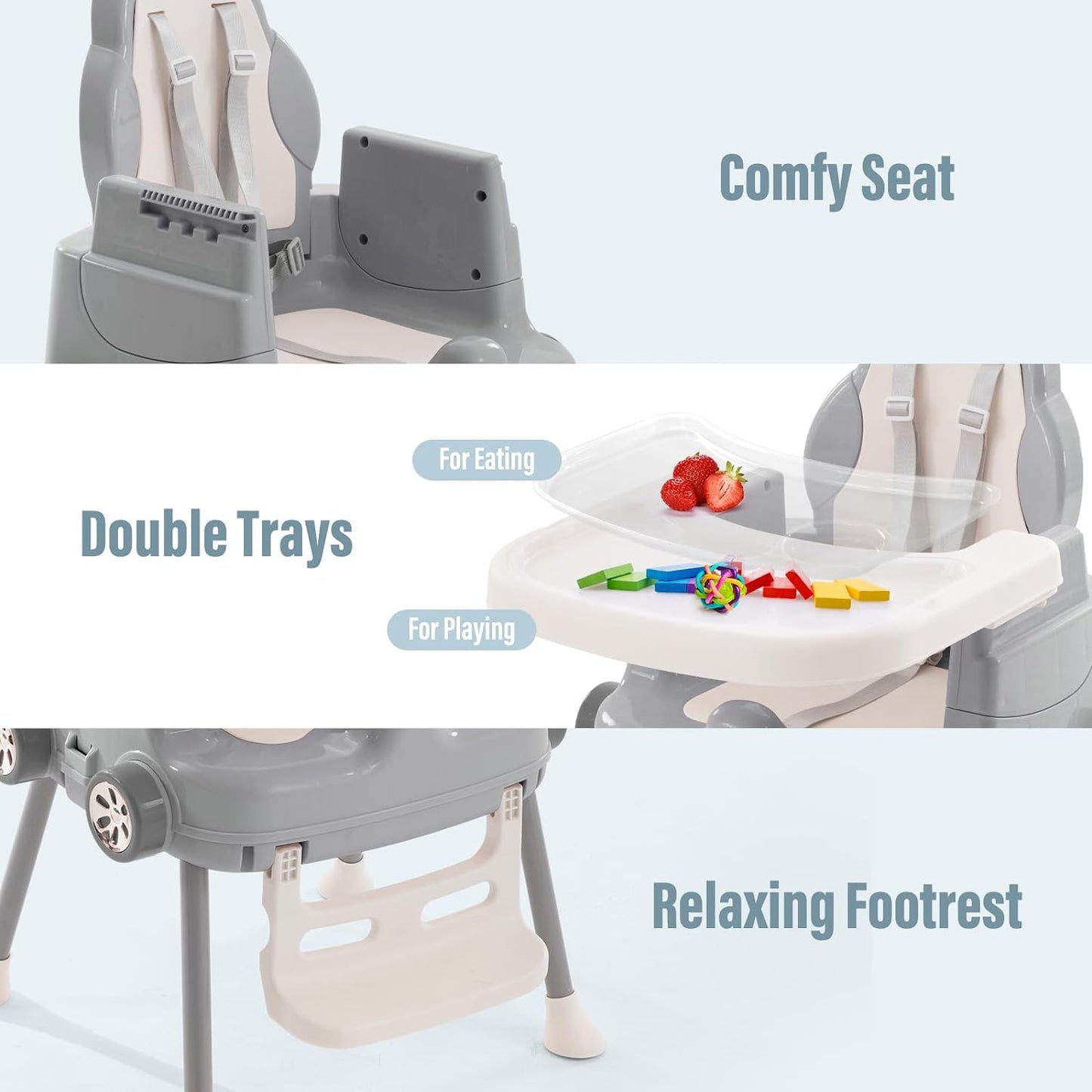 High Chairs for Babies and Toddlers, Portable 3 in 1 High Chair, Adjustable Convertible Compact Infant Baby Feeding Chair Booster with Detachable Double Tray