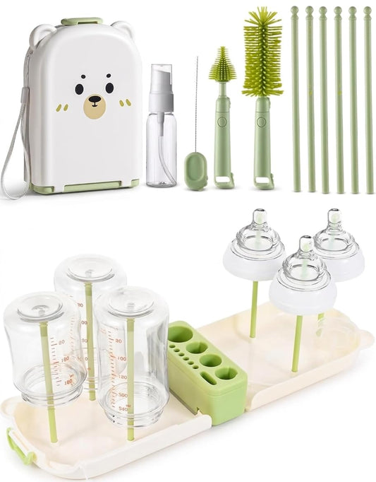 Travel Bottle Cleaner kit, 7in1 Baby Toddler Travel Essential Silicone Bottle Brush Set, Nipple, Drying Rack, Straw, & Breast Pump Cleaning, Soap Dispenser & Organizer Case