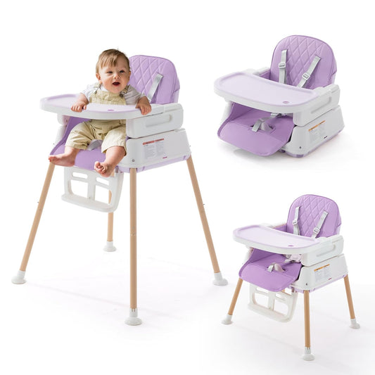 3 in 1 Baby High Chair, Portable High Chairs for Babies and Toddlers, Adjustable Convertible Infant Baby Feeding Chair Booster for Eating with Detachable Double Tray,Purple