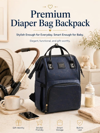 PU Leather Diaper Bag Backpack with 16 Pockets – Insulated Bottle Compartment, Stroller Straps & Luggage Sleeve