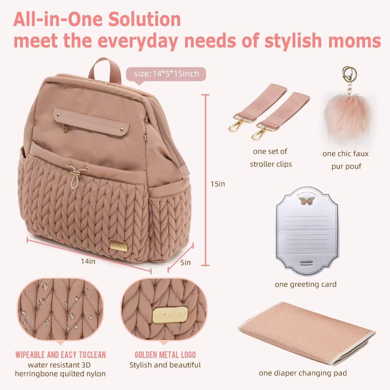Lightweight Diaper Bag Backpack with Changing Pad – Large Opening Travel Nursery Bag for Mom, Stroller Clips & Faux Fur Pendant