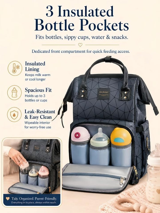 PU Leather Diaper Bag Backpack with 16 Pockets – Insulated Bottle Compartment, Stroller Straps & Luggage Sleeve