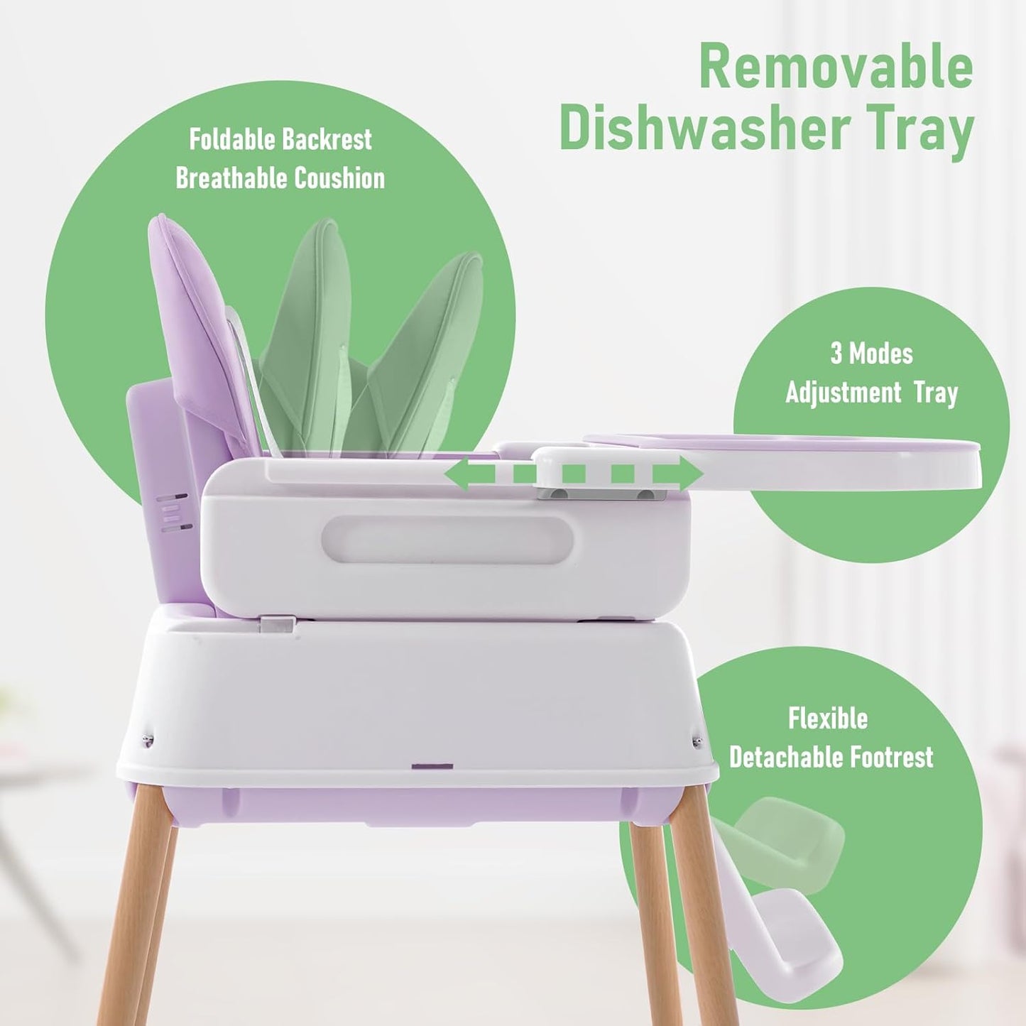 3 in 1 Baby High Chair, Portable High Chairs for Babies and Toddlers, Adjustable Convertible Infant Baby Feeding Chair Booster for Eating with Detachable Double Tray,Purple