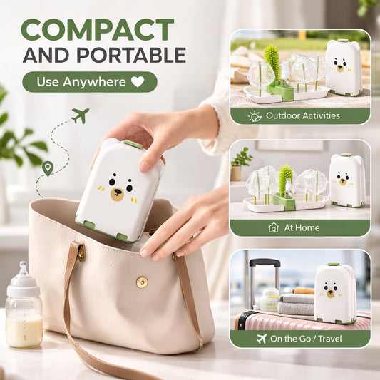 Travel Bottle Cleaner kit, 7in1 Baby Toddler Travel Essential Silicone Bottle Brush Set, Nipple, Drying Rack, Straw, & Breast Pump Cleaning, Soap Dispenser & Organizer Case