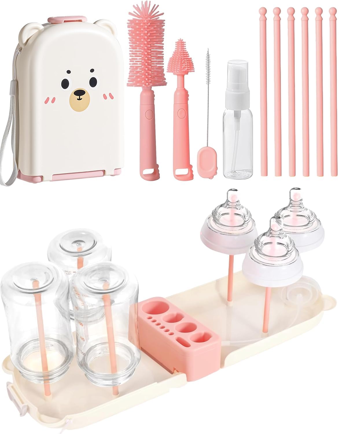 Travel Bottle Cleaner kit, 7in1 Baby Toddler Travel Essential Silicone Bottle Brush Set