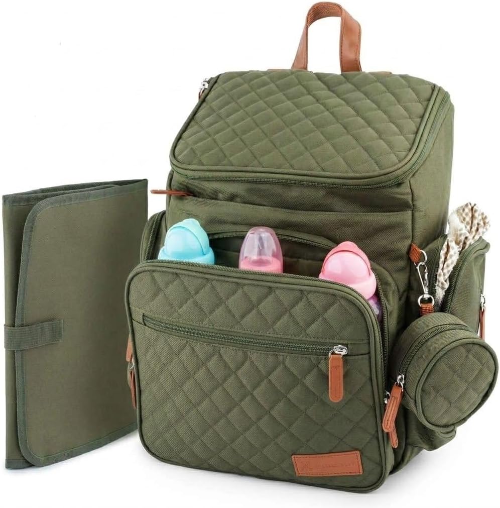Large Diaper Bag Backpack for Mom Dad, 15-Pocket Unisex Baby Travel Bag with Changing Pad & Stroller Straps, Machine Washable, Army Green
