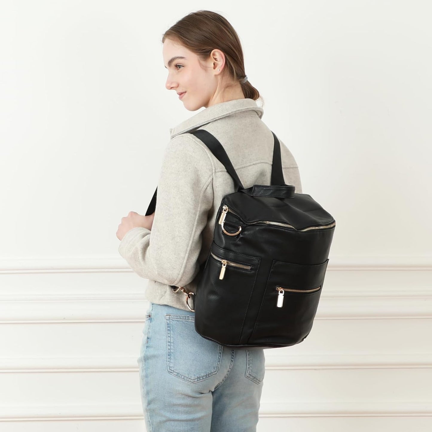 Leather Diaper Bag Backpack  with Diaper Changing Pad, Stroller Straps & 2 Insulated Pockets