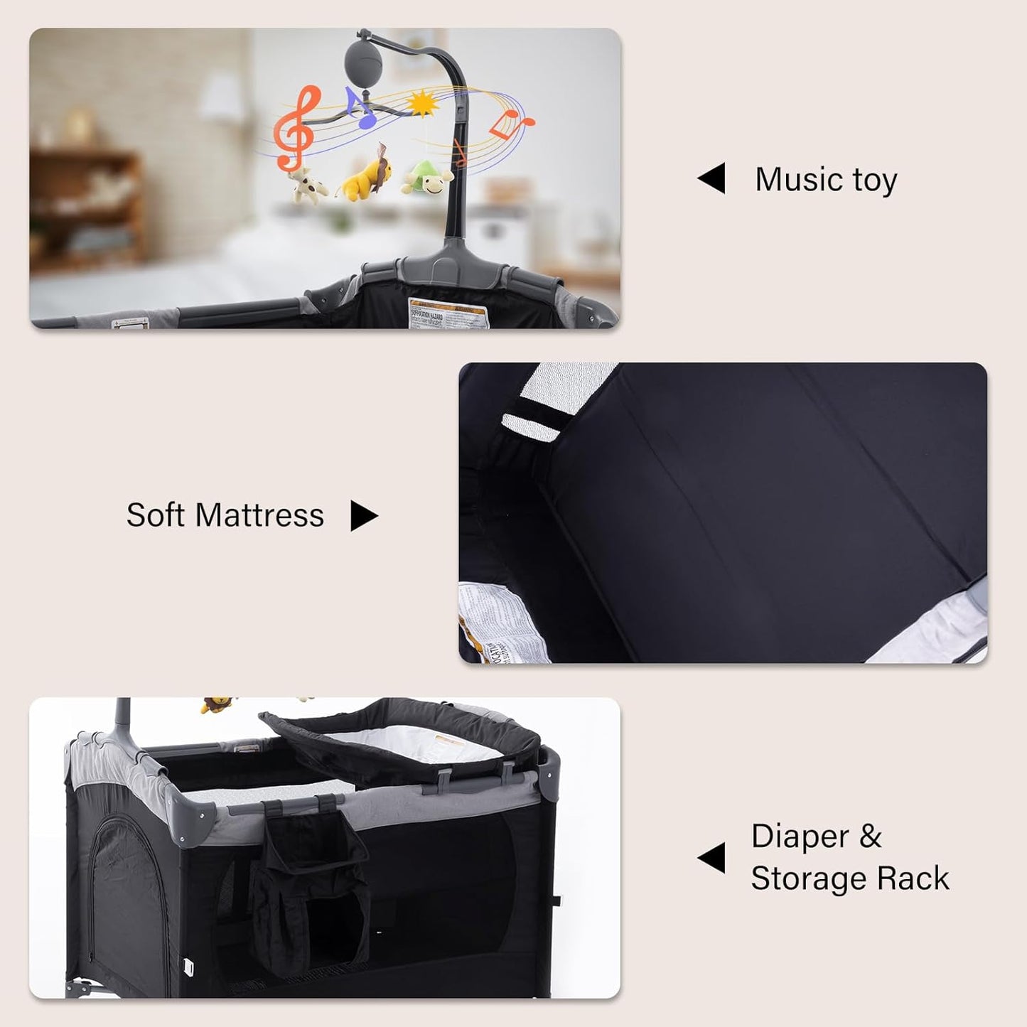 5 in 1 Infant Newborn Baby Crib Baby Bassinet with Changing Table，Black