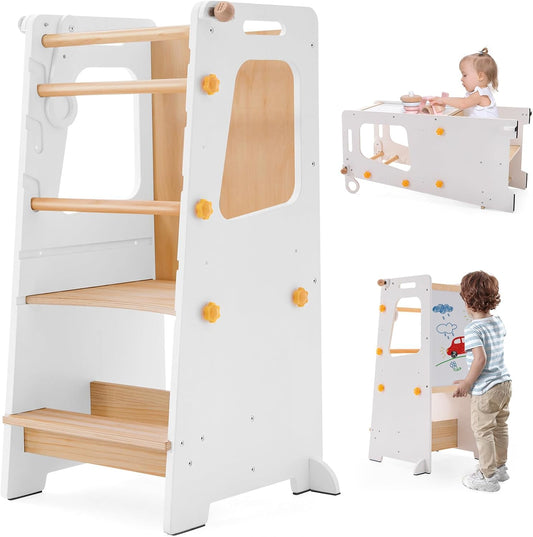 4 in 1 Toddler Kitchen Tower, Kids Kitchen Stool Helper, Standing Tower with Convertible Table and Chair, Toddler Step Stool with Adjustable-Height,Whiteboard and Safety Rail for Kitchen