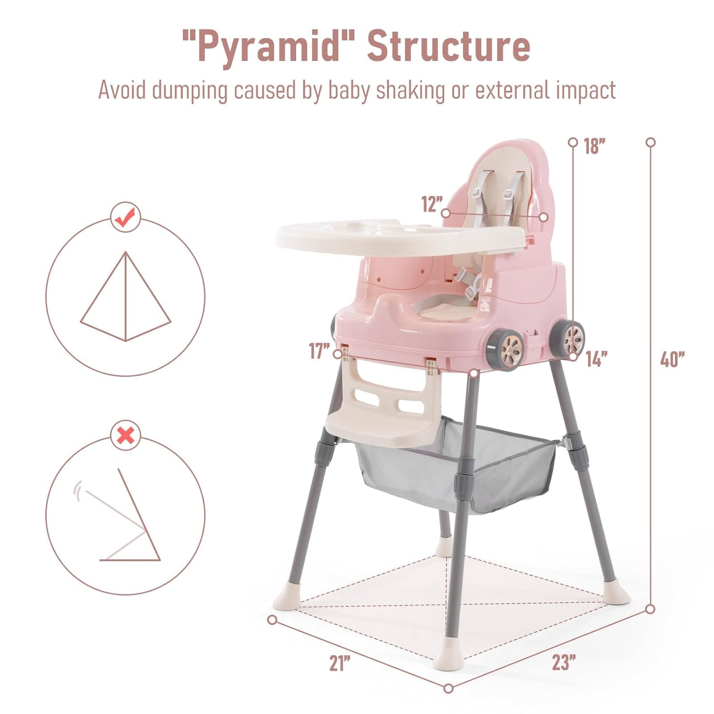 High Chairs for Babies and Toddlers, Portable 3 in 1 High Chair, Adjustable Convertible Compact Infant Baby Feeding Chair Booster with Detachable Double Tray Pink