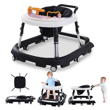 Baby Walker Foldable with Music and Lights,Portable Baby Walker with Wheels,9 Adjustable Heights,Removable Tray&Footrest, Speed Adjustable