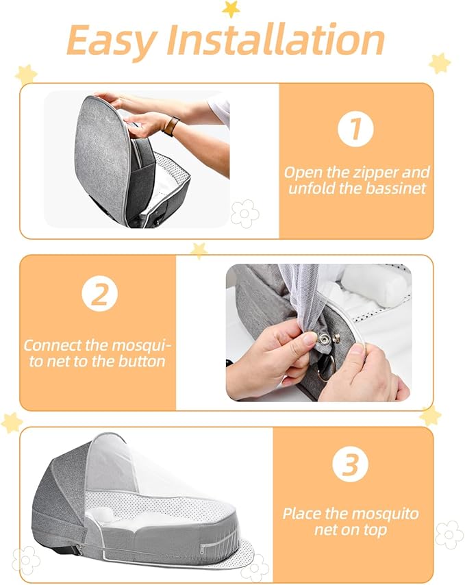 Folding Baby Travel Bassinet Portable Lightweight Travel Crib Baby Bed Co- Sleeper for Baby in Bed with Canopy and Mosquito Net