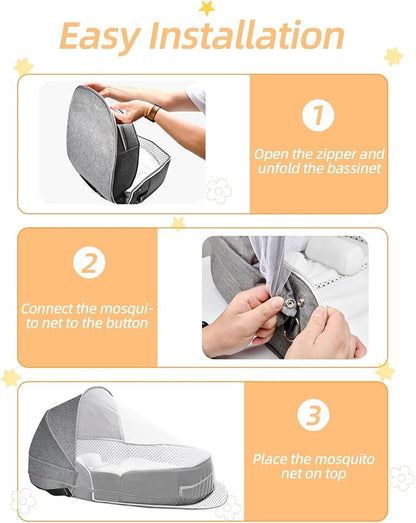 Folding Baby Travel Bassinet Portable Lightweight Travel Crib Baby Bed Co- Sleeper for Baby in Bed with Canopy and Mosquito Net