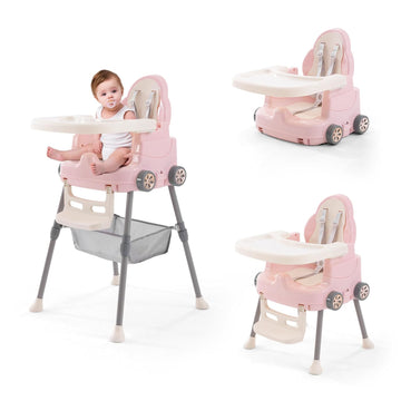 High Chairs for Babies and Toddlers, Portable 3 in 1 High Chair, Adjustable Convertible Compact Infant Baby Feeding Chair Booster with Detachable Double Tray Pink