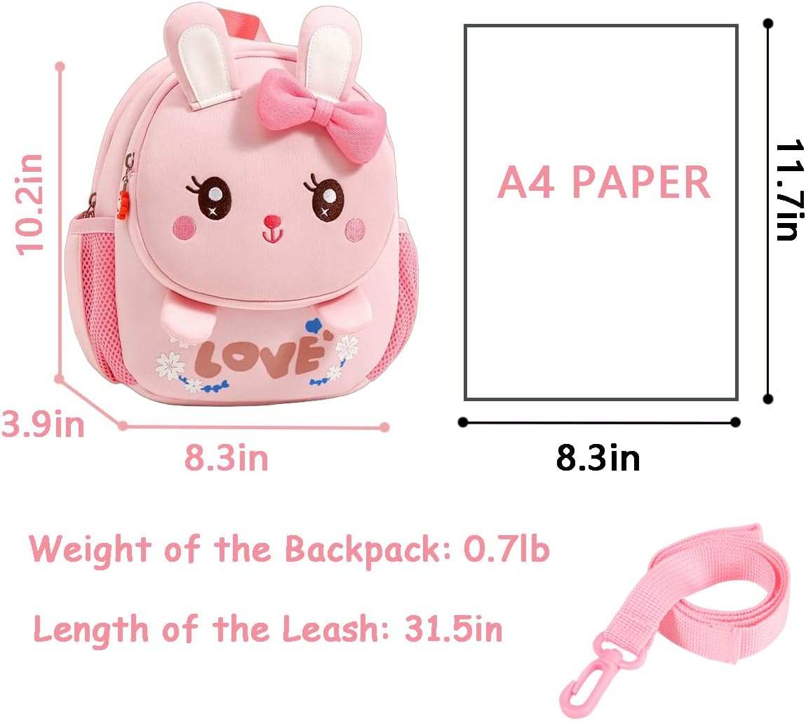 Toddler Backpack Cute Bunny Backpack with Leash and Chest Buckle Mini Kids 3D Cartoon Travel Bag for Girls 2-4