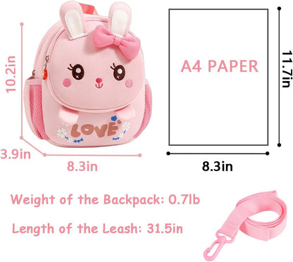 Toddler Backpack Cute Bunny Backpack with Leash and Chest Buckle Mini Kids 3D Cartoon Travel Bag for Girls 2-4