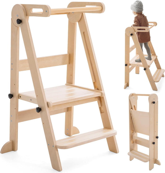 Foldable Toddler Kitchen Tower with 3 Adjustable Heights – Montessori Step Stool for Kids 1.5-6 Years