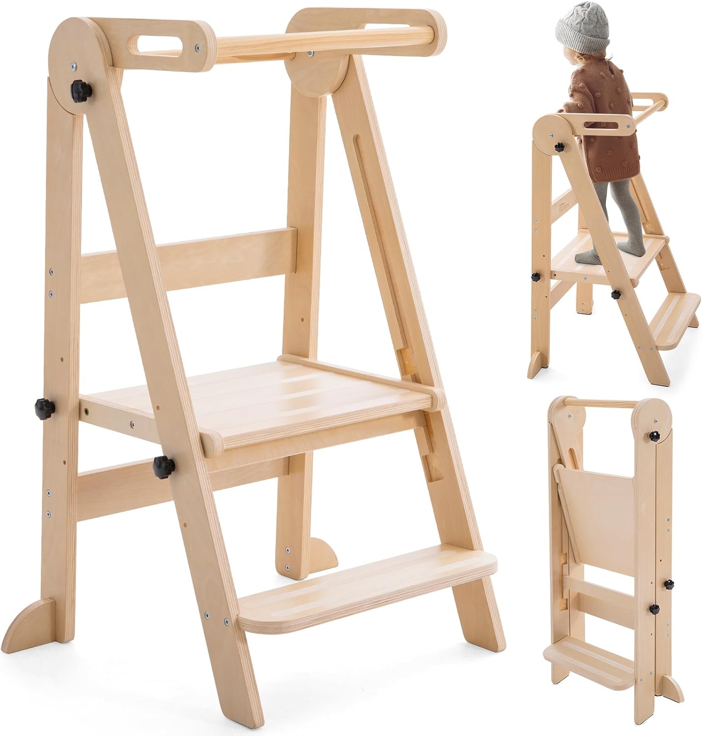 Foldable Toddler Kitchen Tower with 3 Adjustable Heights – Montessori Step Stool for Kids 1.5-6 Years