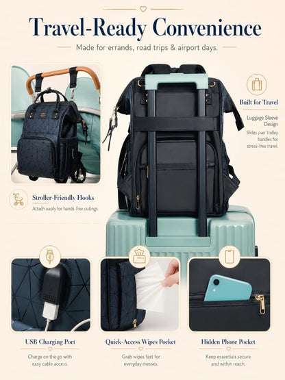 PU Leather Diaper Bag Backpack with 16 Pockets – Insulated Bottle Compartment, Stroller Straps & Luggage Sleeve