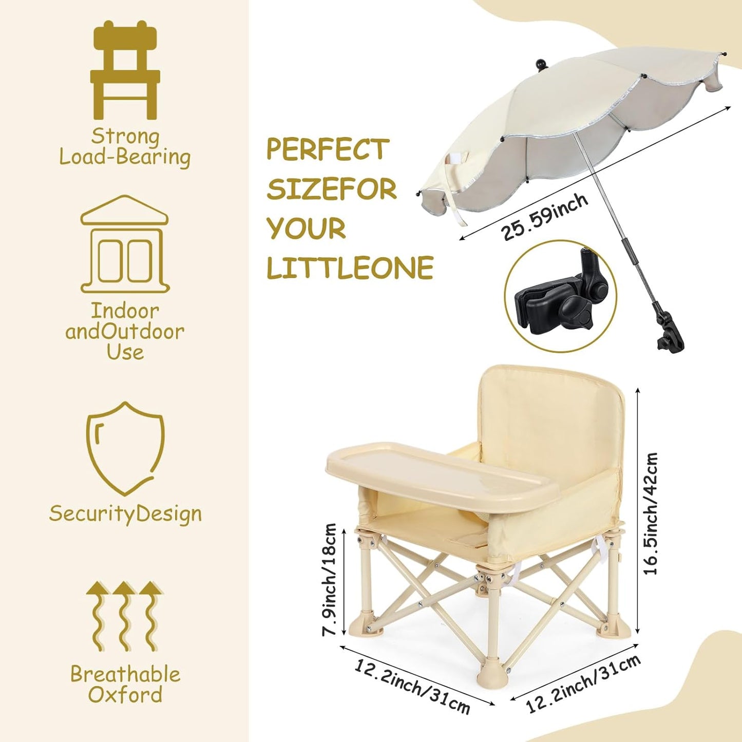 Baby Beach Chair with Umbrella & Tray – Kids Portable Folding Seat with Storage Bag, Lightweight Camping Chair for Outdoor Travel