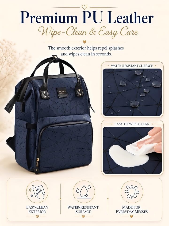 PU Leather Diaper Bag Backpack with 16 Pockets – Insulated Bottle Compartment, Stroller Straps & Luggage Sleeve