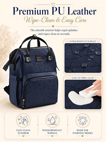 PU Leather Diaper Bag Backpack with 16 Pockets – Insulated Bottle Compartment, Stroller Straps & Luggage Sleeve