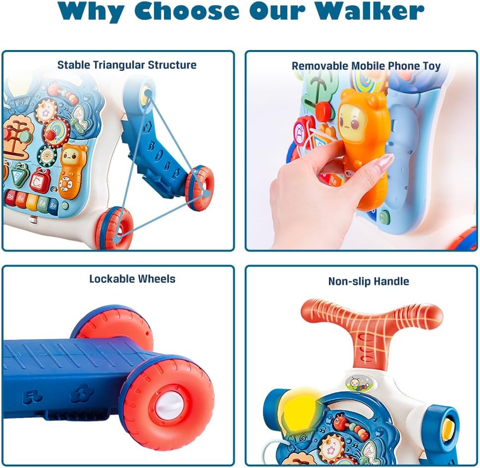 5 in 1 Baby Walker Sit-to-Stand Toys, Learning Walker for Boys Girls Toddler, Multifunctional Educational Activity Center Removable Play Panel, Push Walker Toys Gifts for Infant 6-18 Months