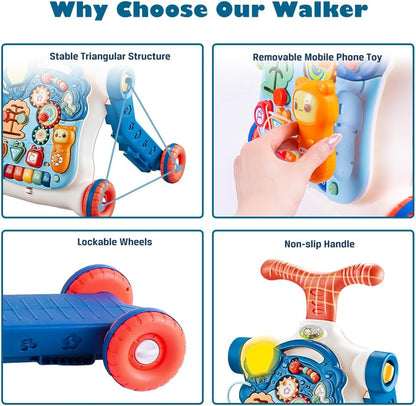 5 in 1 Baby Walker Sit-to-Stand Toys, Learning Walker for Boys Girls Toddler, Multifunctional Educational Activity Center Removable Play Panel, Push Walker Toys Gifts for Infant 6-18 Months