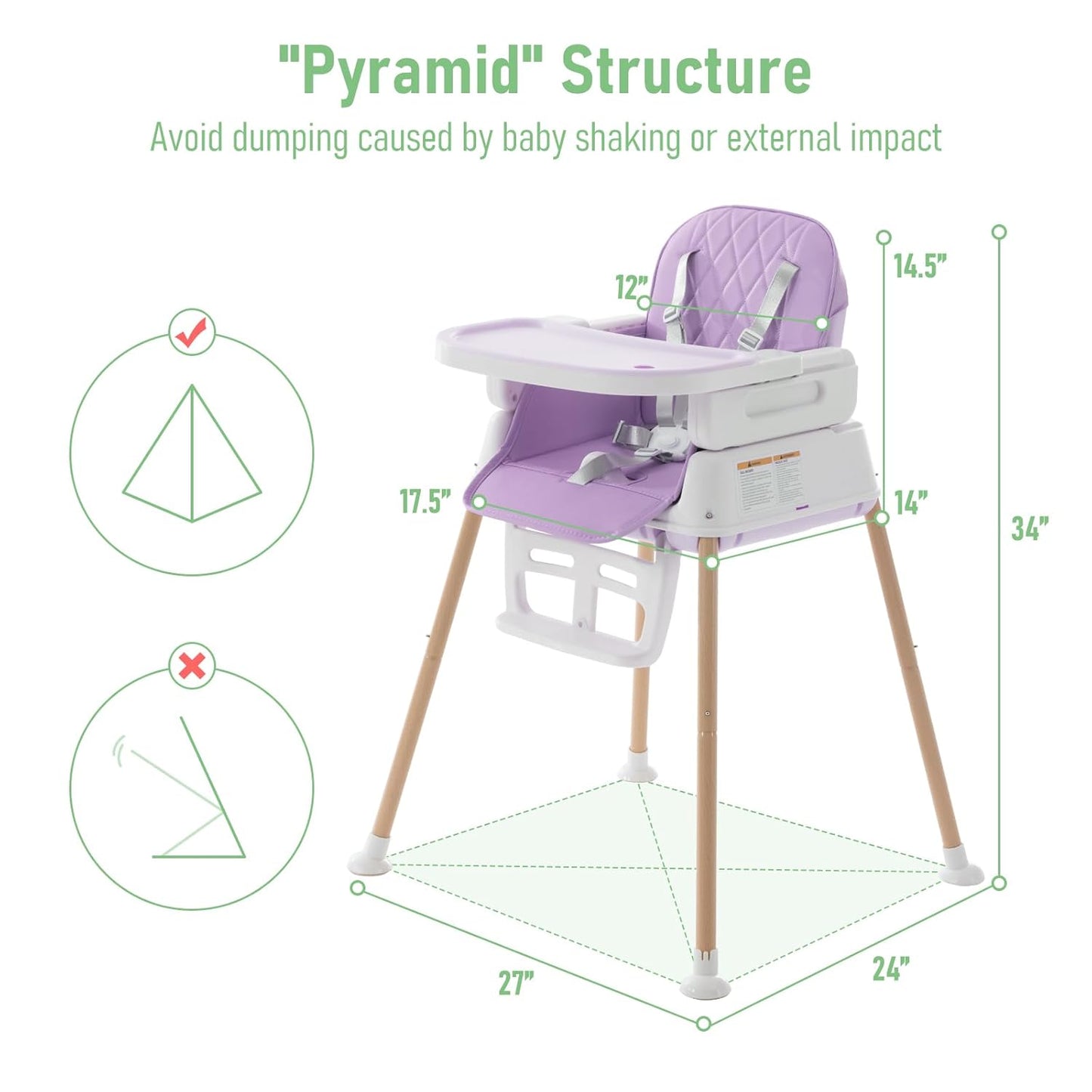 3 in 1 Baby High Chair, Portable High Chairs for Babies and Toddlers, Adjustable Convertible Infant Baby Feeding Chair Booster for Eating with Detachable Double Tray,Purple