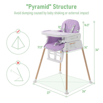 3 in 1 Baby High Chair, Portable High Chairs for Babies and Toddlers, Adjustable Convertible Infant Baby Feeding Chair Booster for Eating with Detachable Double Tray,Purple