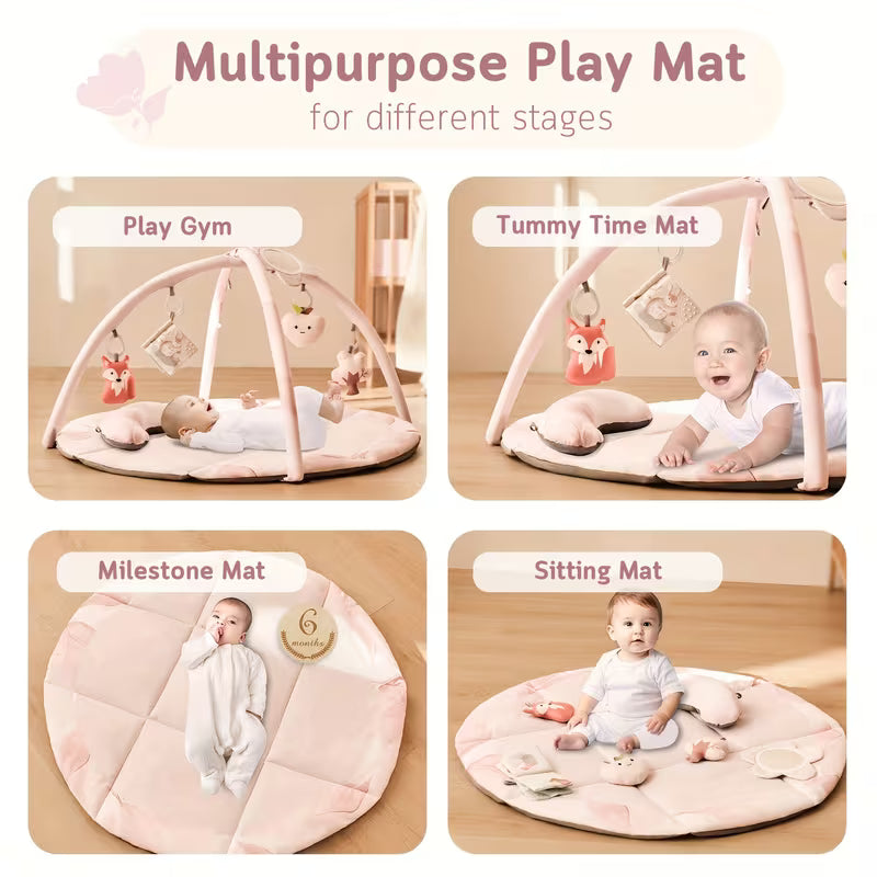 Baby Play Gym & Activity Mat, Tummy Time Mat with 5 Detachable Toys and Pillow, Large Sensory Playmat for Floor, Oversize Flower Pattern Play Mat
