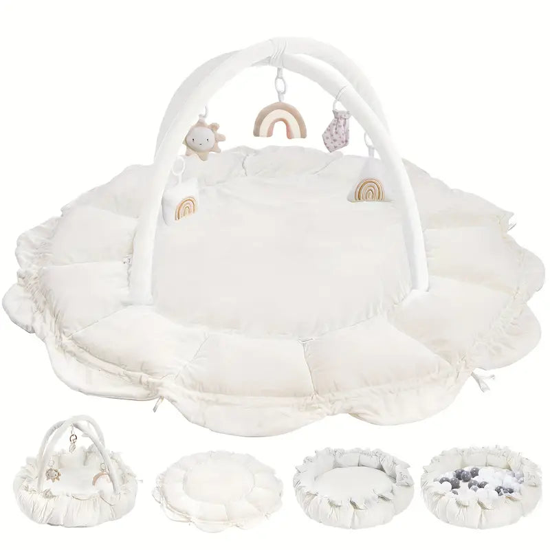 5-in-1 Thick & Plush Baby Play Gym, Tummy Time Mat with 6 Toys