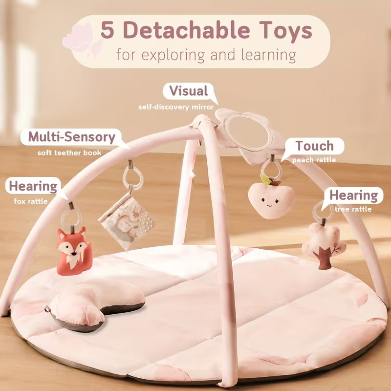 Baby Play Gym & Activity Mat, Tummy Time Mat with 5 Detachable Toys and Pillow, Large Sensory Playmat for Floor, Oversize Flower Pattern Play Mat