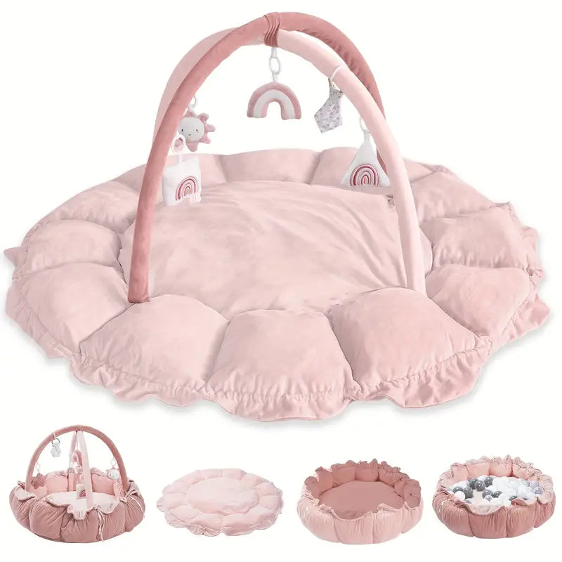 5-in-1 Thick & Plush Baby Play Gym, Tummy Time Mat with 6 Toys
