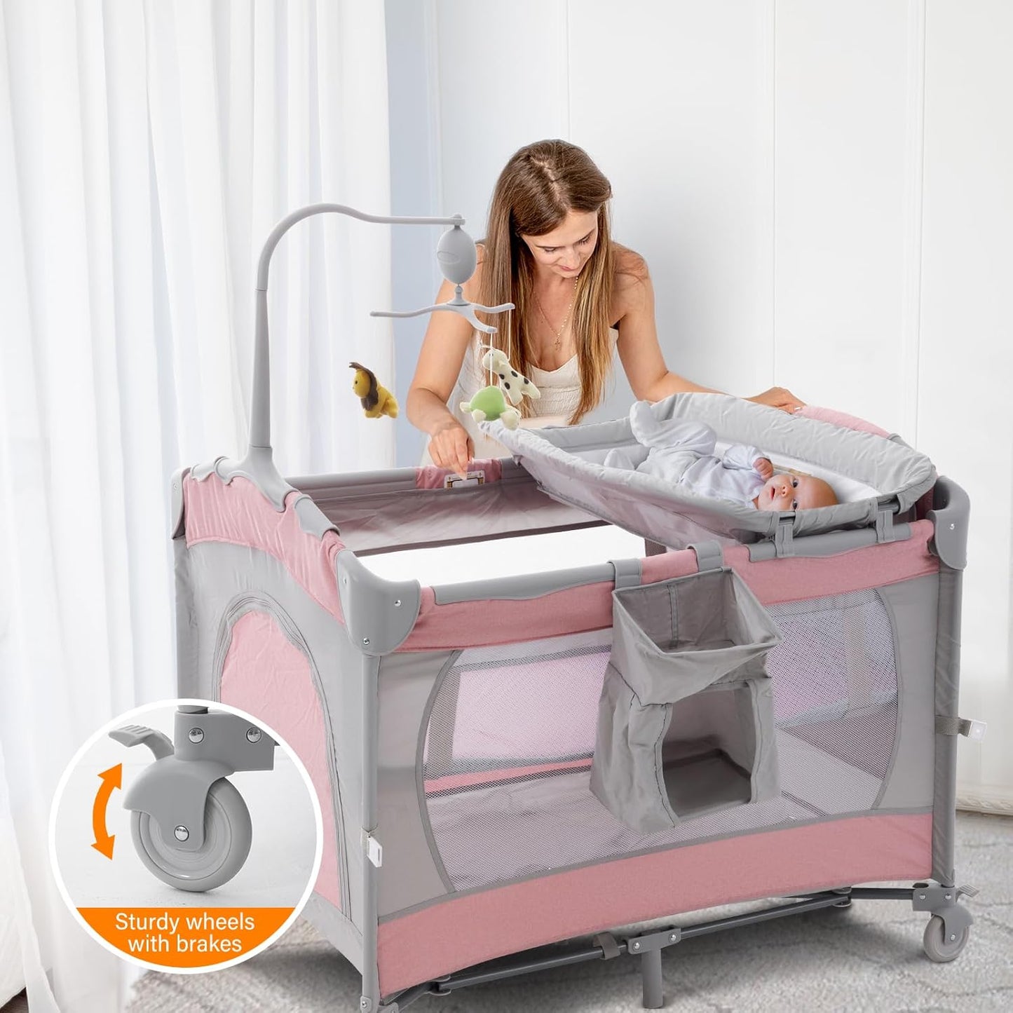 5 in 1 Infant Newborn Baby Crib Baby Bassinet with Changing Table，Pink Gray