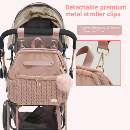 Lightweight Diaper Bag Backpack with Changing Pad – Large Opening Travel Nursery Bag for Mom, Stroller Clips & Faux Fur Pendant