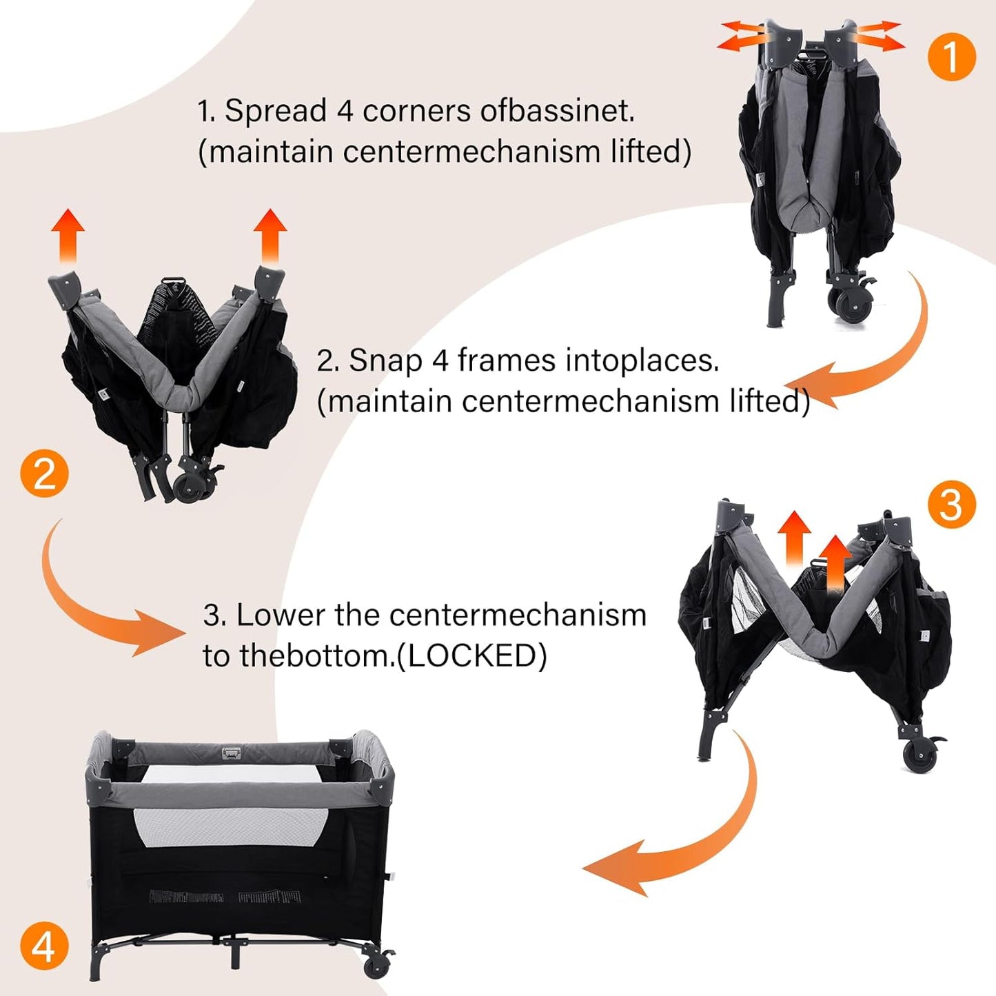 5 in 1 Infant Newborn Baby Crib Baby Bassinet with Changing Table，Black