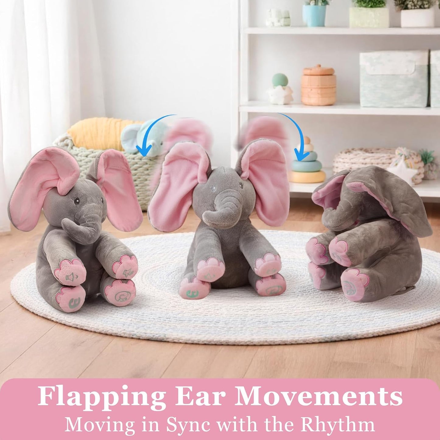 Peek-A-Boo Elephant Plush Toy for Babies & Toddlers, Interactive Singing Stuffed Animal with Moving Ears, Musical Baby Gift