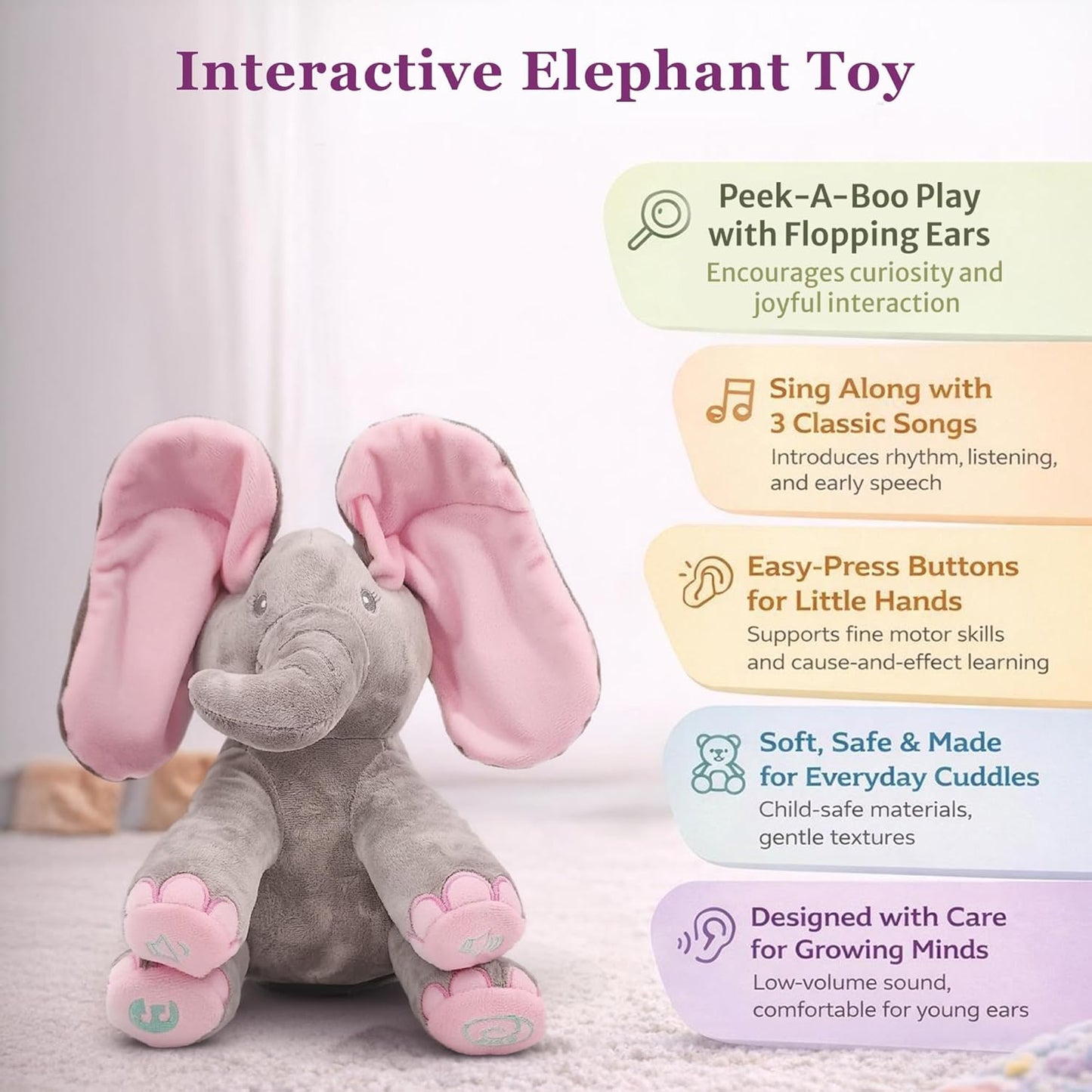 Peek-A-Boo Elephant Plush Toy for Babies & Toddlers, Interactive Singing Stuffed Animal with Moving Ears, Musical Baby Gift