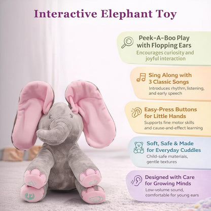 Peek-A-Boo Elephant Plush Toy for Babies & Toddlers, Interactive Singing Stuffed Animal with Moving Ears, Musical Baby Gift